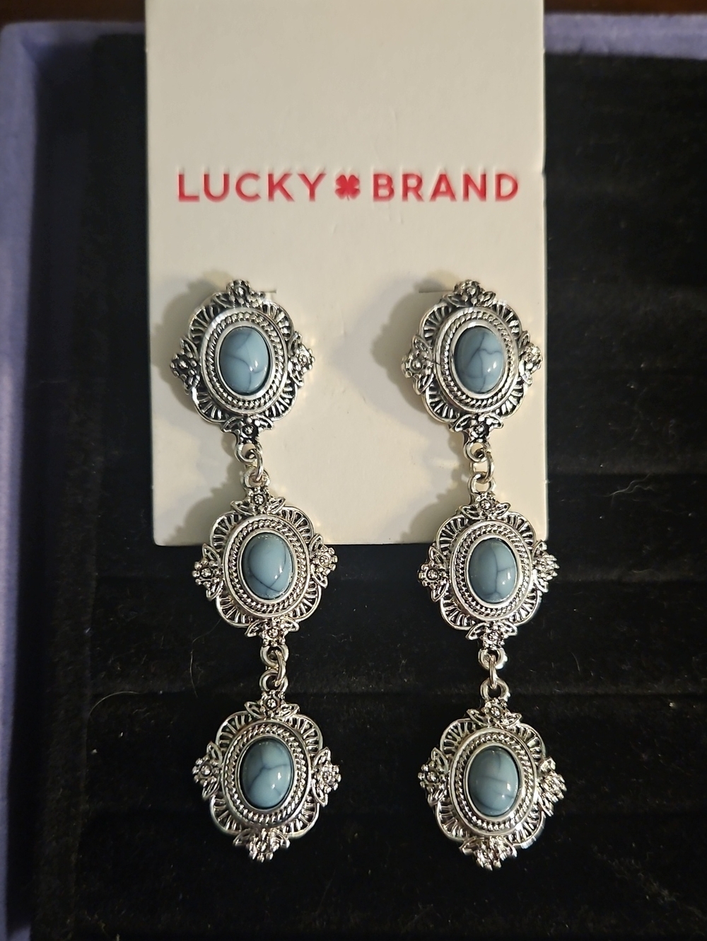 Lucky Brand Silver-Tone Light Turquoise Triple Drop Earrings